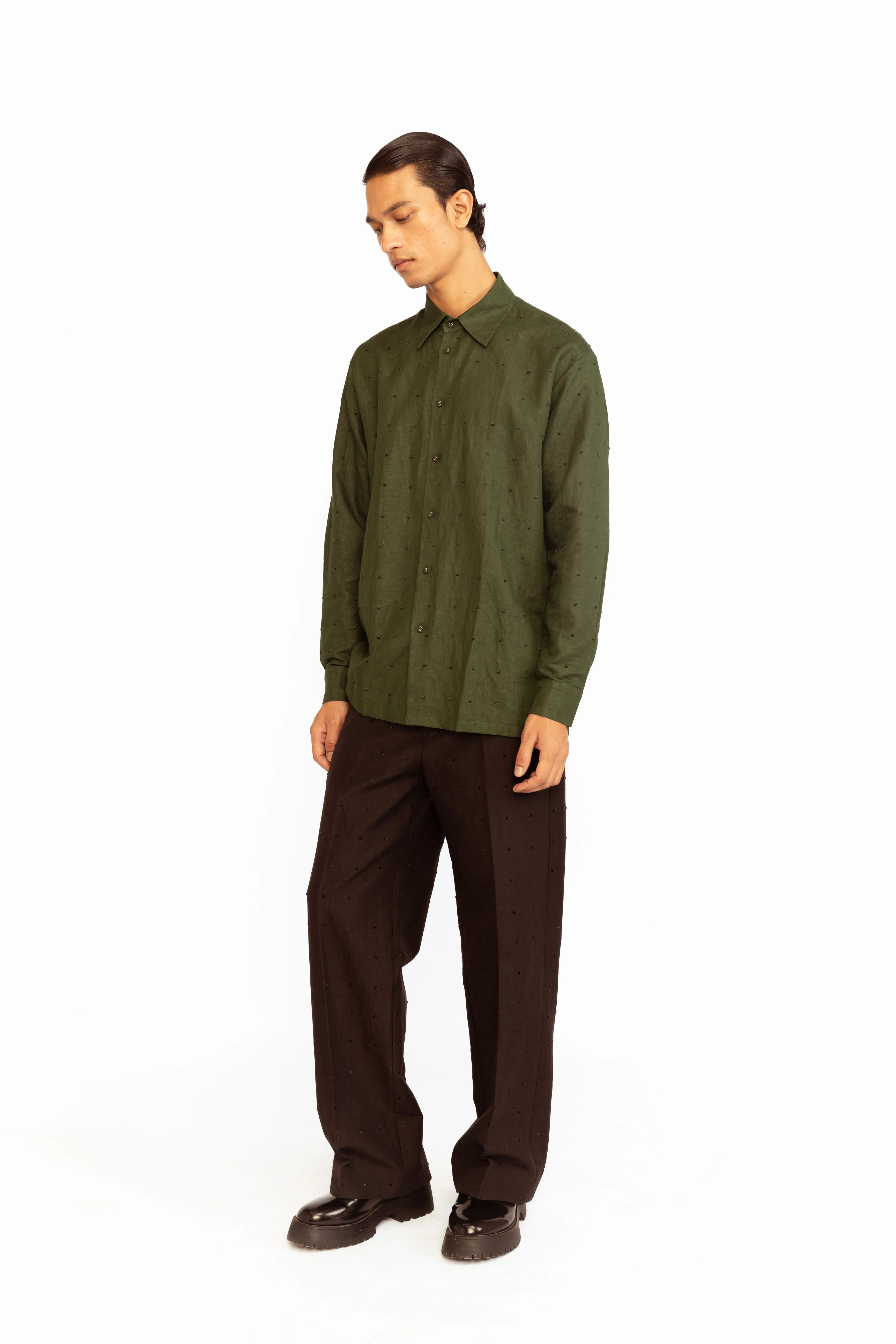 Angus Embroidered Linen Shirt - Olive Green - Image 3