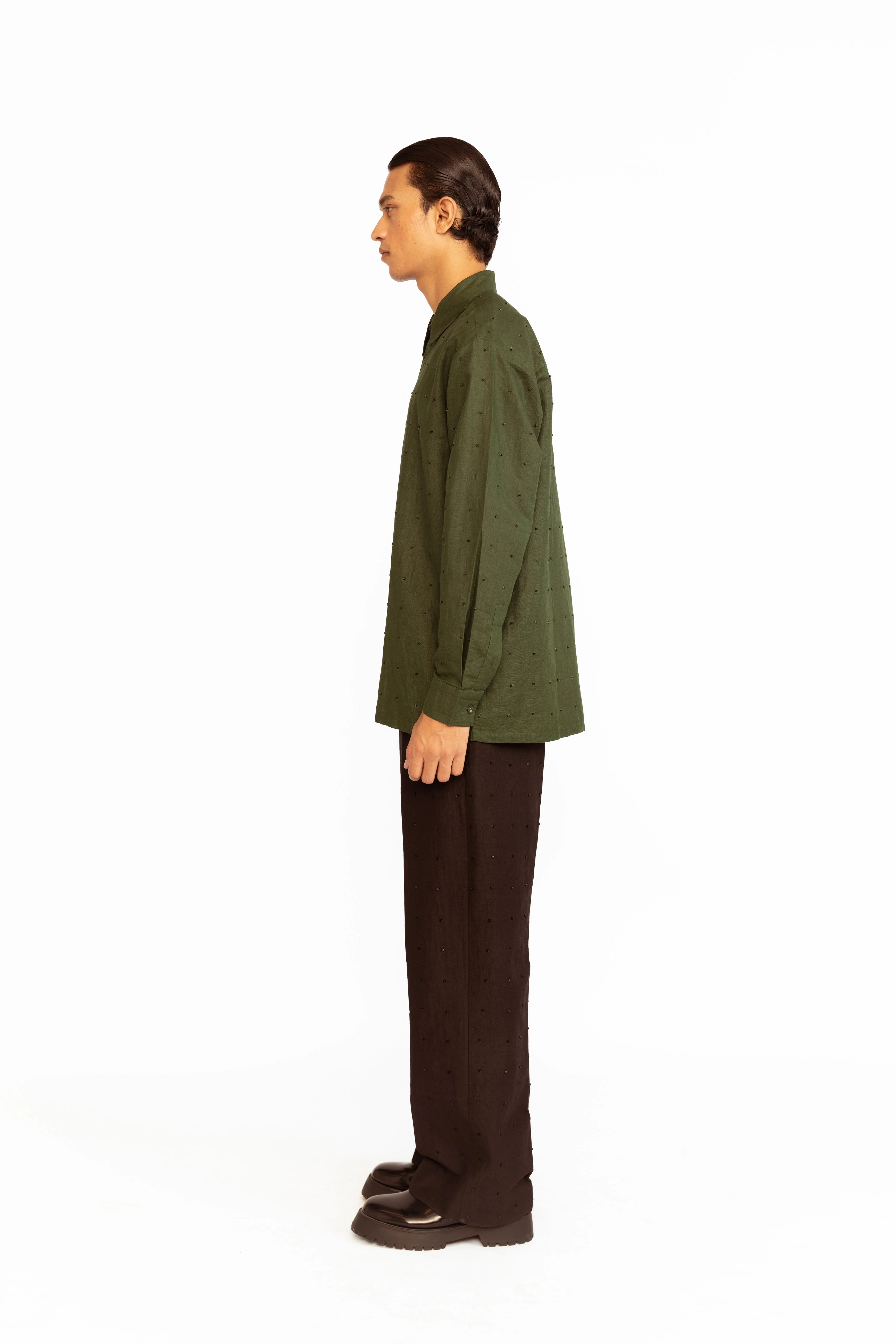 Angus Embroidered Linen Shirt - Olive Green - Image 4