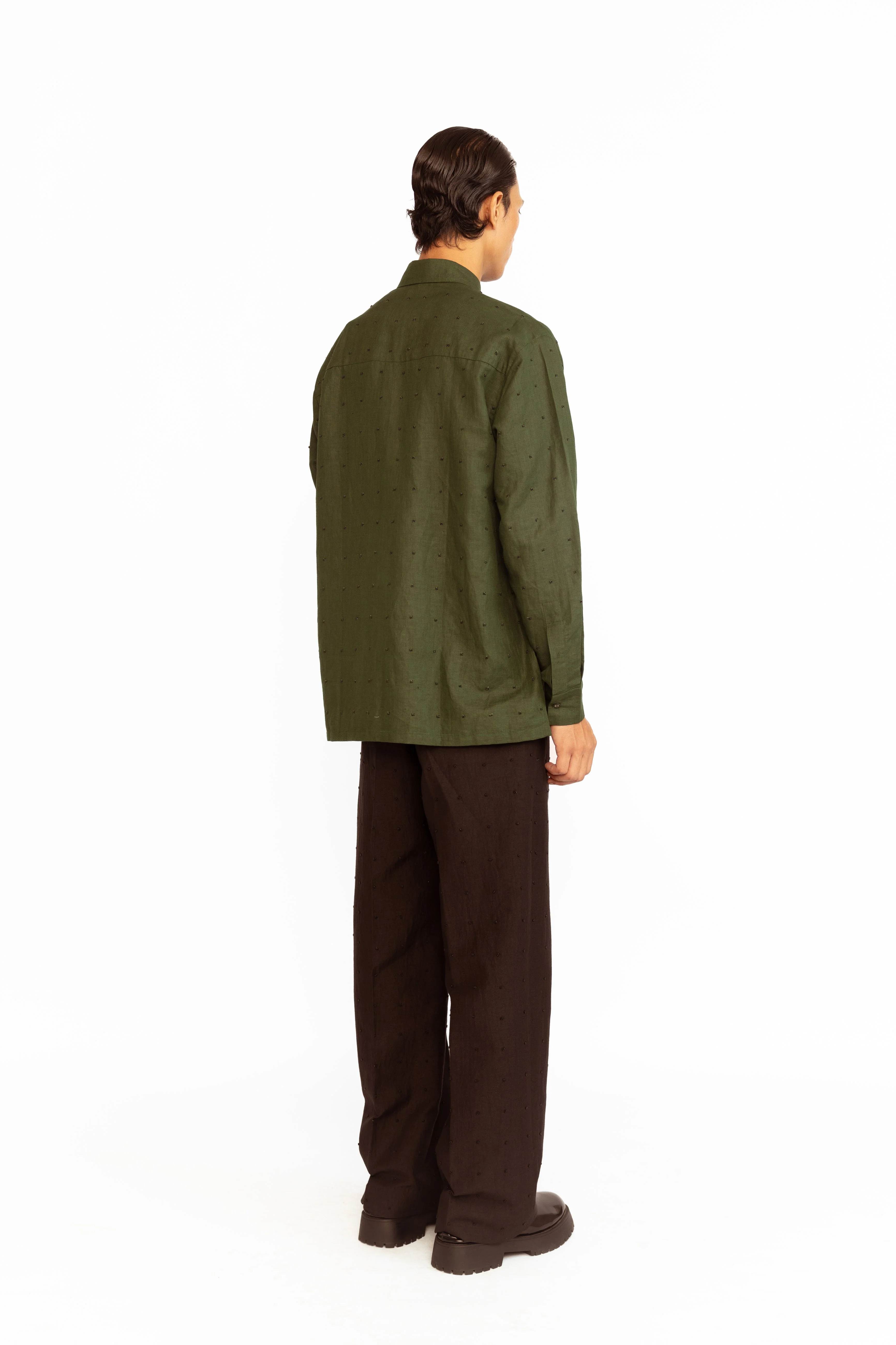 Angus Embroidered Linen Shirt - Olive Green - Image 5