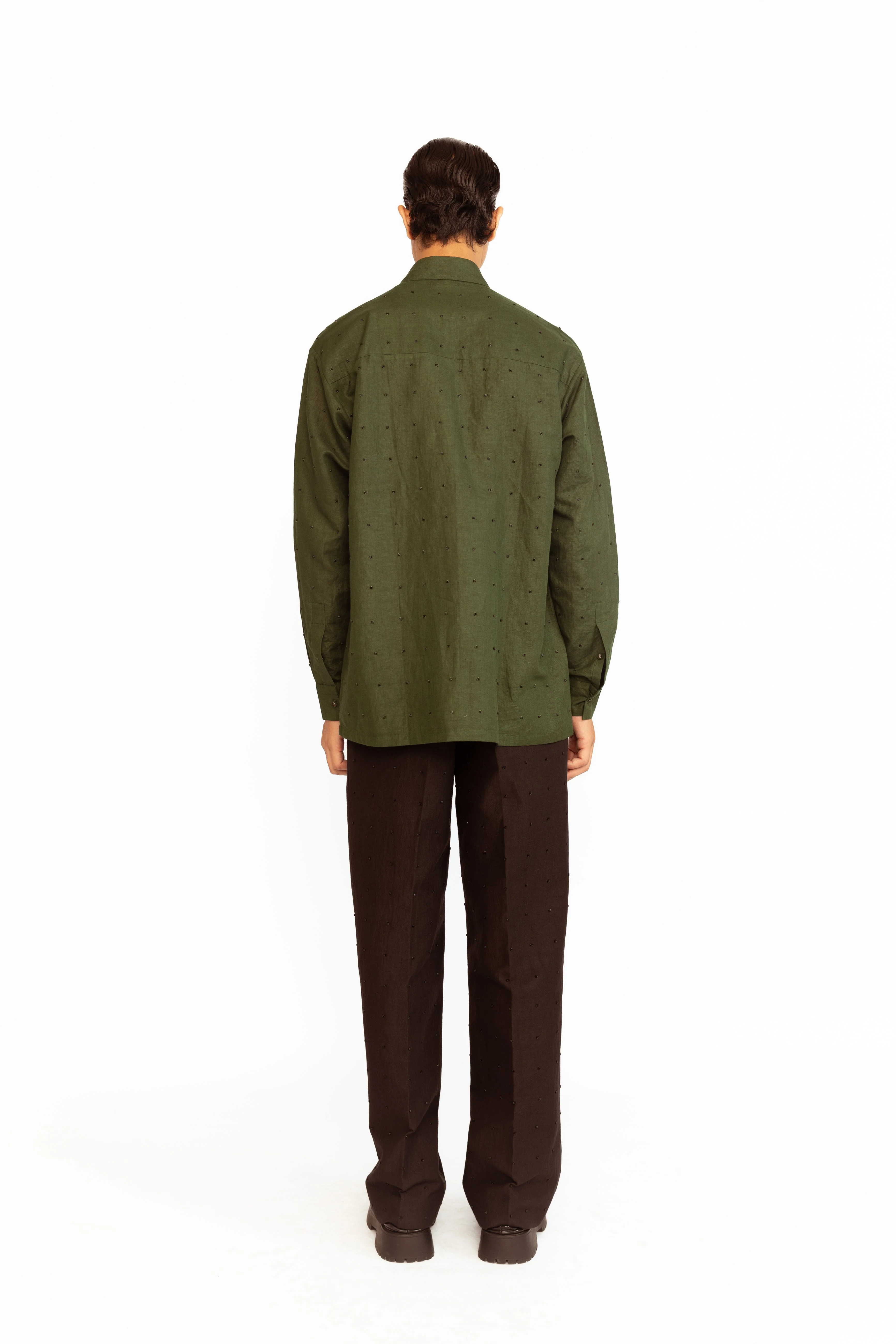 Angus Embroidered Linen Shirt - Olive Green - Image 6