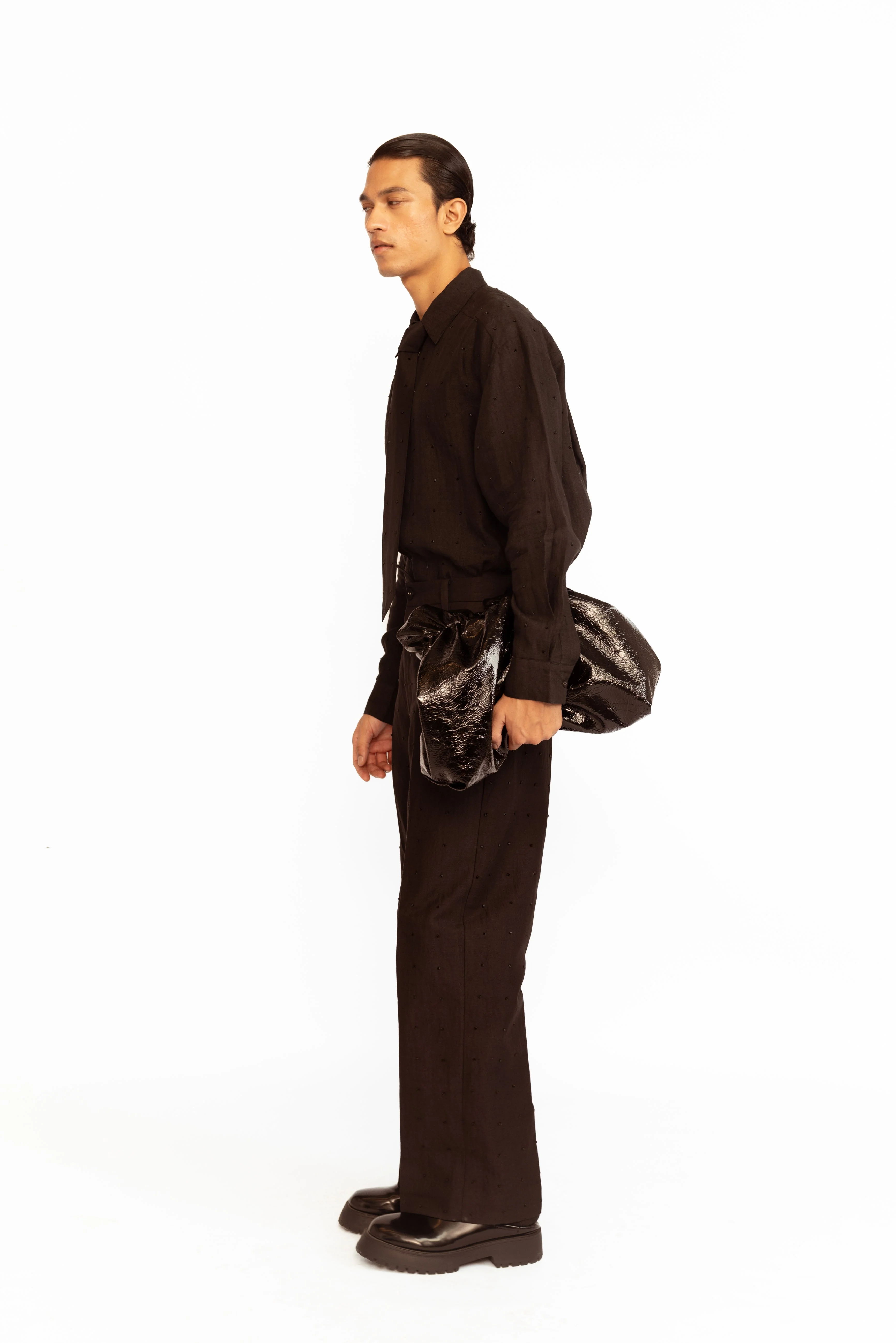 Angus Embroidered Linen Shirt - Black - Image 3