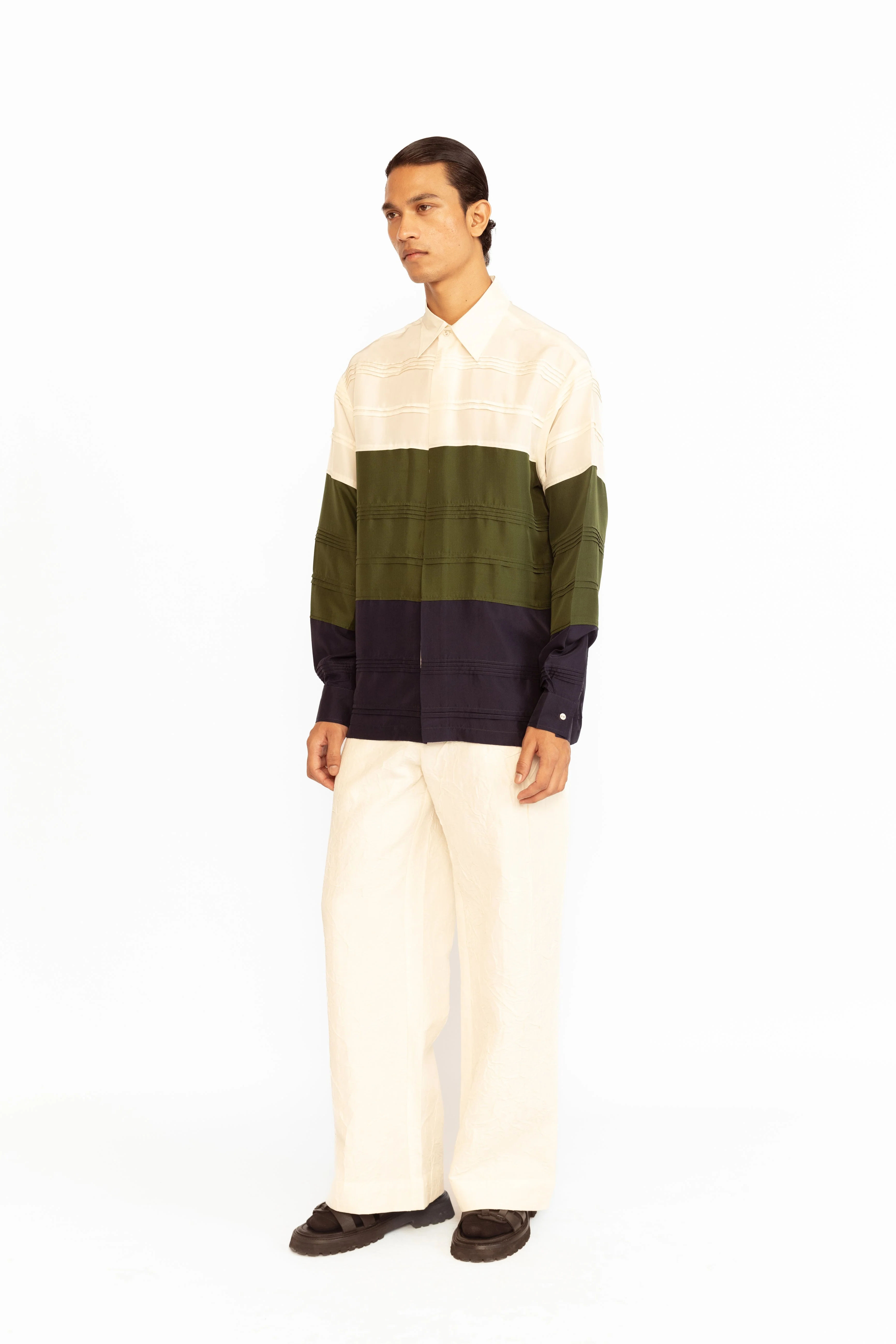 Asher Silk Shirt - Ivory, Olive Green & Navy - Image 3